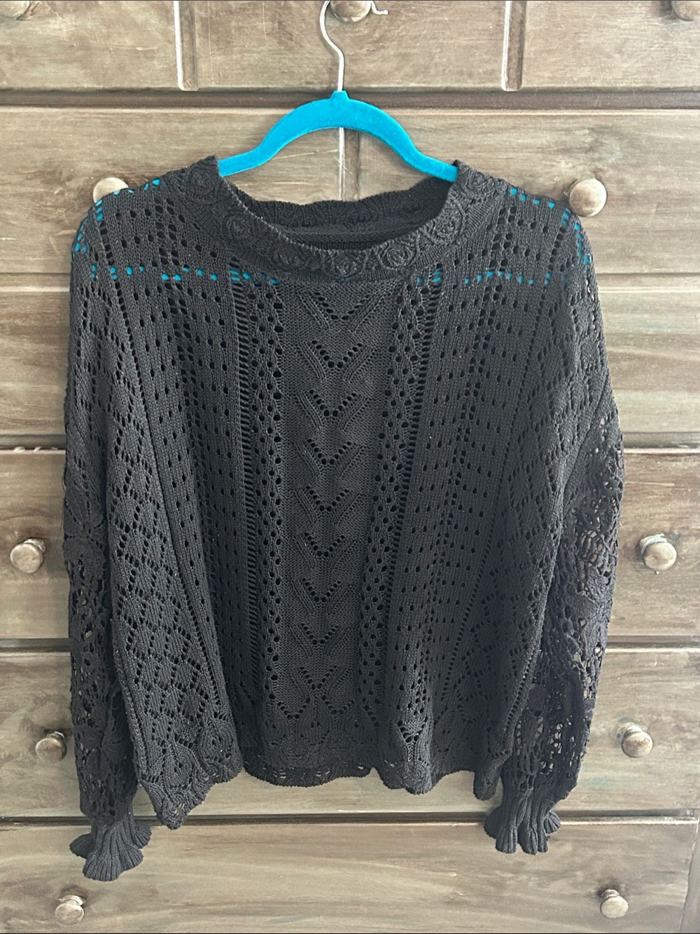 Black Open-Knit Crewneck Sweater